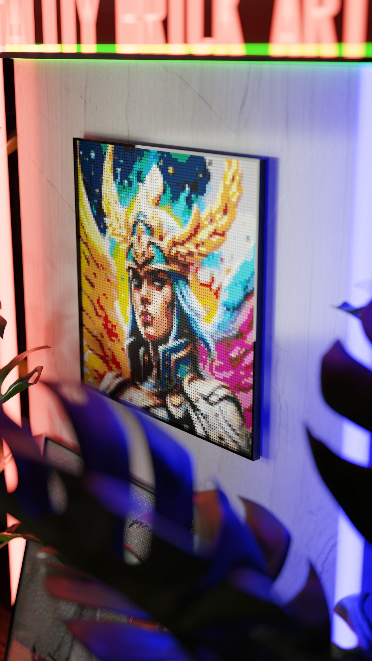 Valkyrie Vibrance LEGO® Style mosaic wall art made from colorful plastic bricks